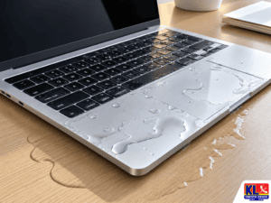 Water spilled on laptop keyboard and trackpad, illustrating water damage repair service by KL Computer Services