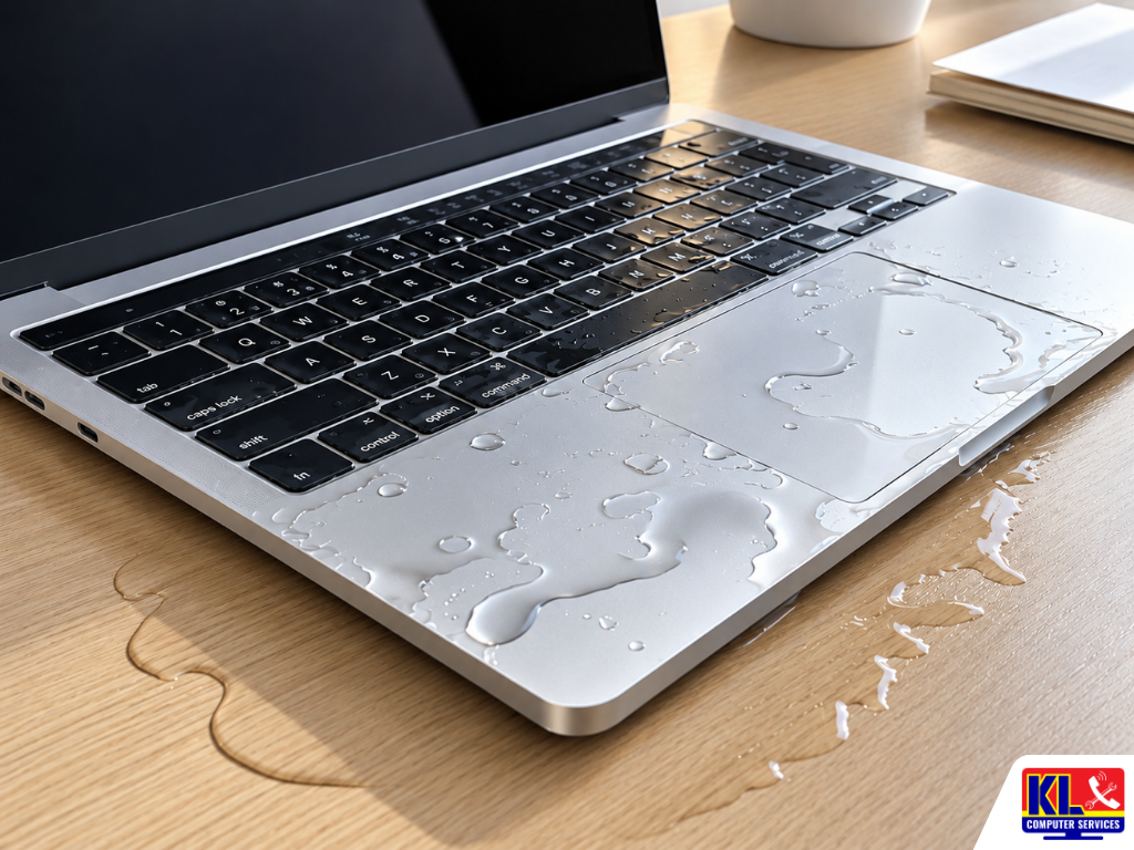 Water spilled on laptop keyboard and trackpad, illustrating water damage repair service by KL Computer Services
