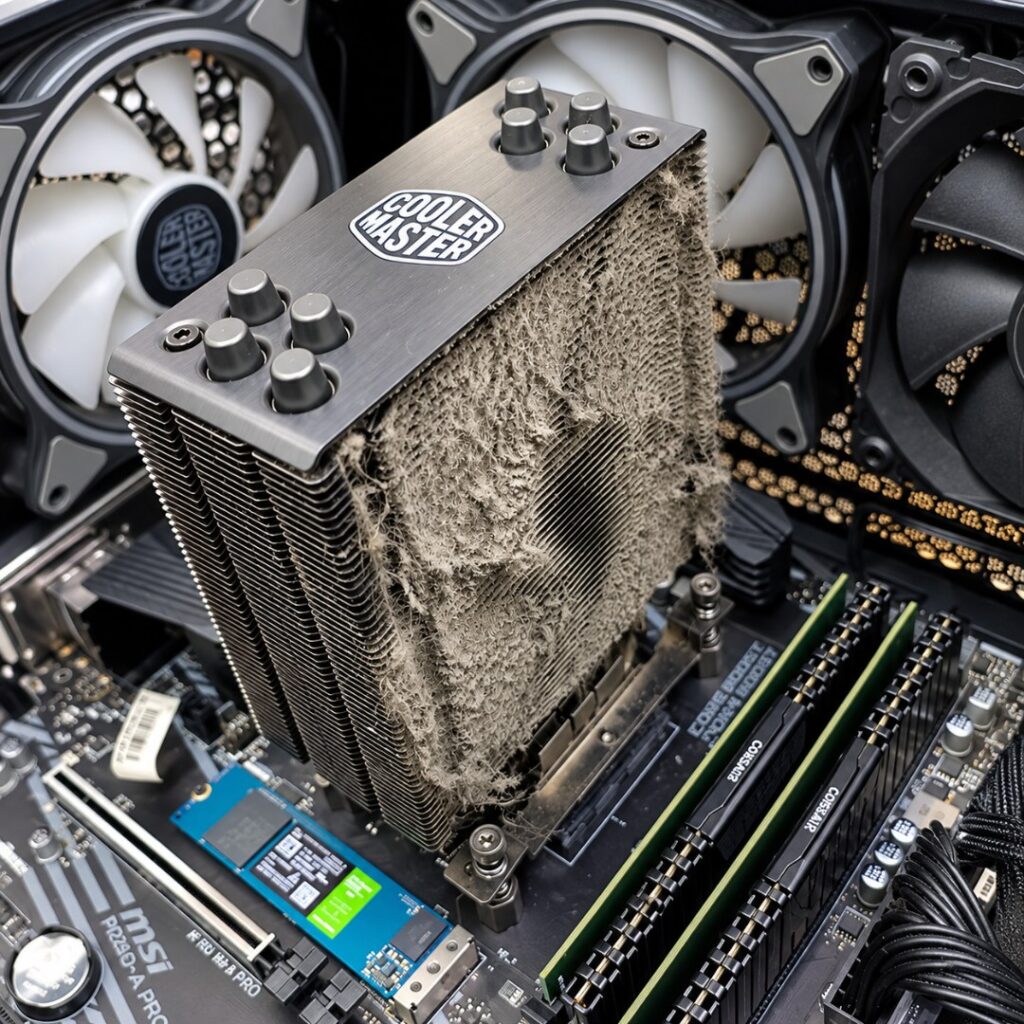 Dust buildup on a desktop computer CPU heatsink and cooling fan, highlighting the need for internal computer cleaning and maintenance.