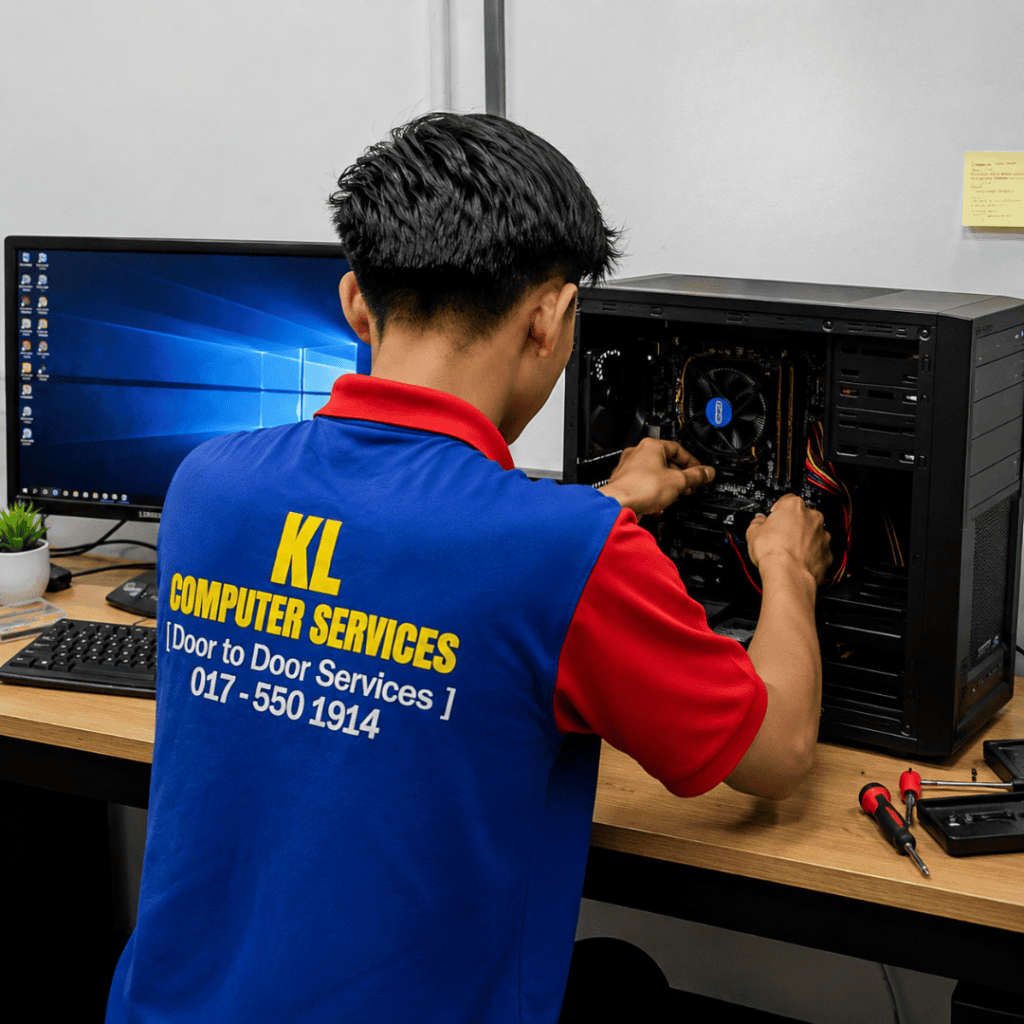 Technician wearing a KL Computer Services uniform repairing the internal components of a desktop computer at a workstation.