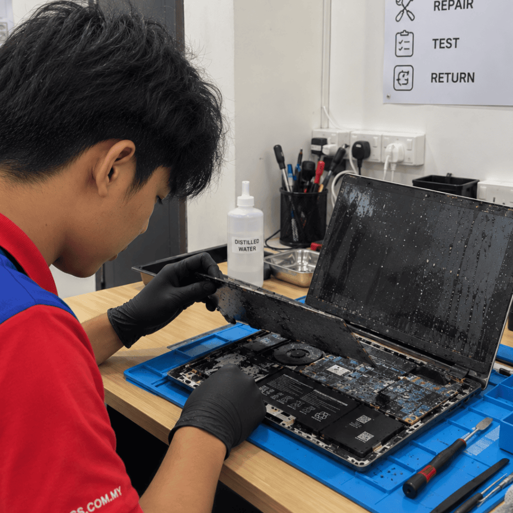 Technician wearing protective gloves repairing an open laptop at a professional computer repair workstation.